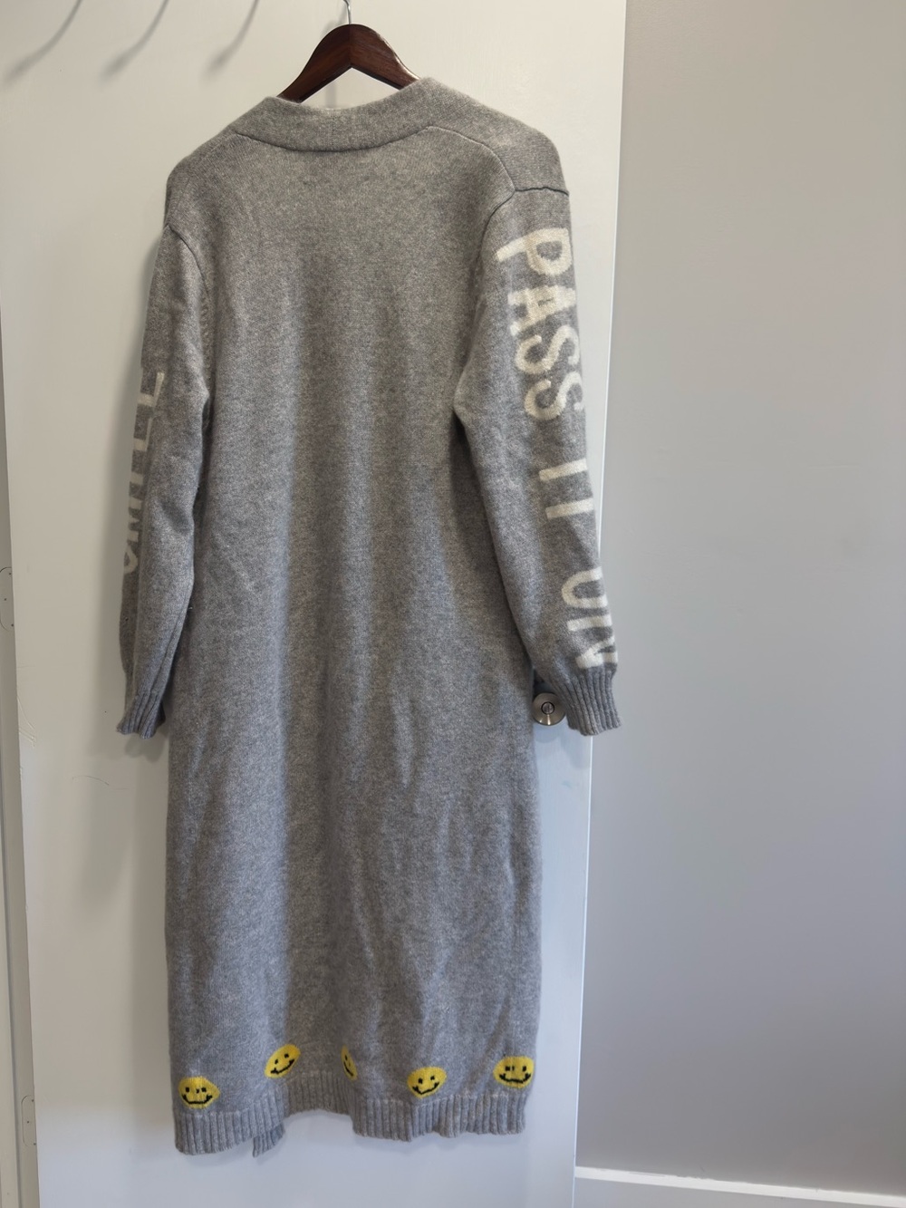 Kerri Rosenthal Long Gray 100% Cashmere Knit Cardigan Sweater w/ Yellow Smileys